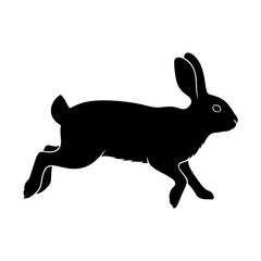 Silhouette of a running rabbit emblem on a white square against a black canvas silhouette