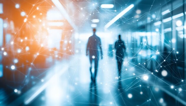 The illustration shows two blurred figures walking through a modern office space overlaid with a network of interconnected nodes and lines, suggesting connectivity and communication.