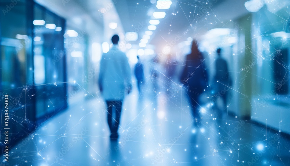 Poster the illustration shows multiple out of focus figures walking down a bright hallway with an overlay o