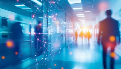 The illustration shows a network connection overlayed on blurry silhouettes of people walking down a modern office hallway with glass walls and bright lighting.