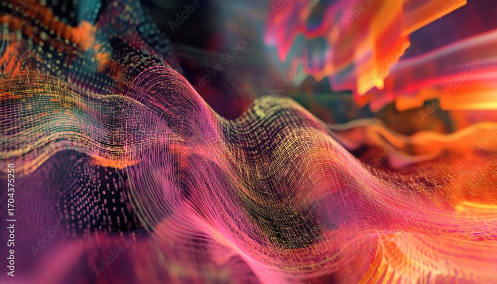 Poster the illustration shows a dynamic wave-like pattern formed by interconnected lines and dots, exhibiti