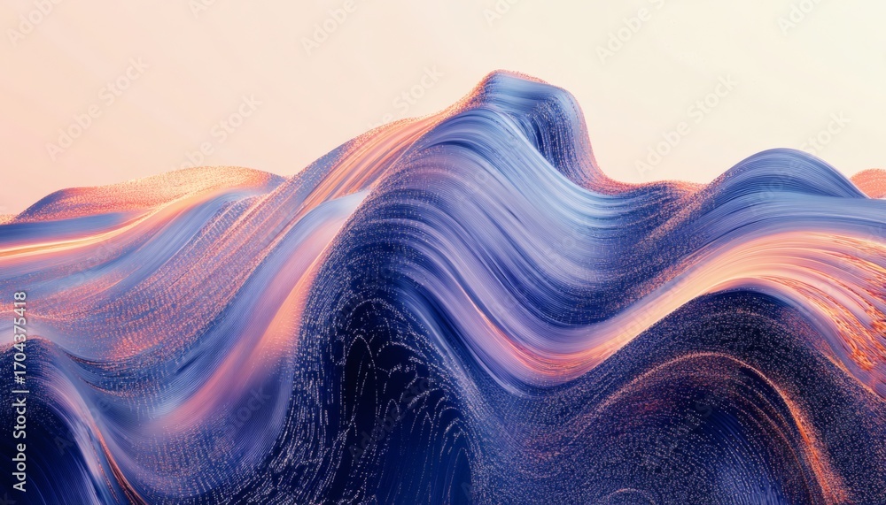 Poster the illustration shows a digital rendering of an abstract landscape with flowing lines and waves in 
