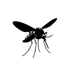 Silhouette of a mosquito with outstretched wings in flight against a square white backdrop silhouette