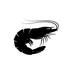Silhouette of a shrimp or prawn in a simple artistic graphic design isolated on a white square silhouette