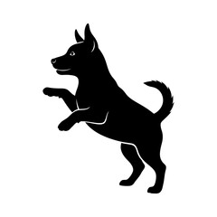 Black silhouette of a playful terrier dog leaping upwards in a square frame silhouette