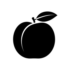 Simple silhouette of a plum with a leaf and stem on a white square silhouette