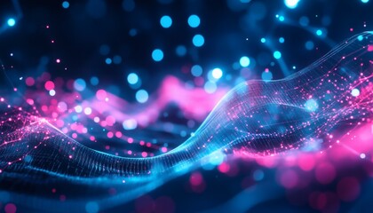 The illustration shows a dynamic wave formed by interconnected glowing particles, set against a dark background with bokeh effects in shades of pink and blue.