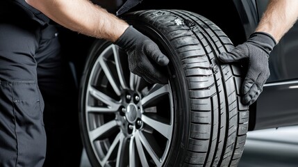 Fototapeta premium Mechanic checking damaged car tire