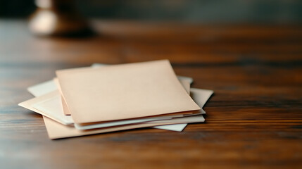 Fototapeta premium Stack of vintage cards on a wooden desk creates a sense of nostalgia and rustic charm. Warm tones and soft lighting add to the cozy atmosphere.