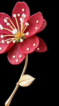 Elegant red flower with dewdrops and golden stem: rotating animation on black background