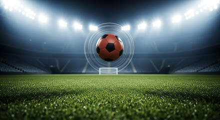 Futuristic Soccer Ball Hologram Displayed on Stadium Field with Glowing Lights and Goal Net Background