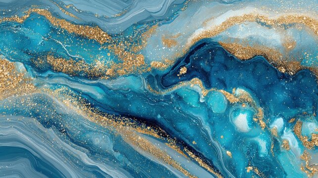 abstract blue and gold marble texture design with fluid art and glittery golden accents