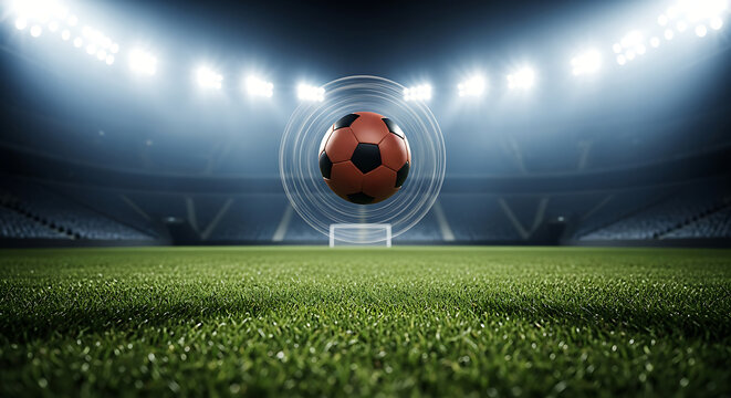 Futuristic Soccer Ball Hologram Displayed on Stadium Field with Glowing Lights and Goal Net Background