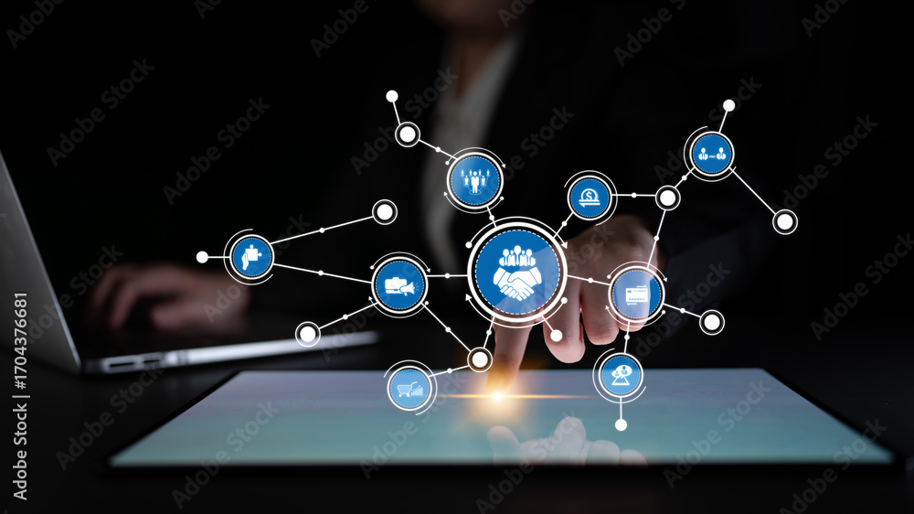 Poster a hand interacts with a futuristic digital interface showcasing various icons symbolizing business c