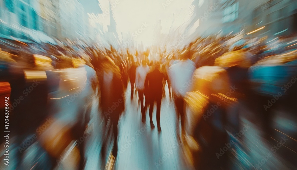 Poster the illustration shows an abstract image of many people moving quickly, creating a blurred effect wi
