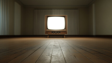 An old-fashioned wooden television set with a blank screen stands in the middle of a room with hardwood floors, casting a nostalgic and eerie atmosphere.