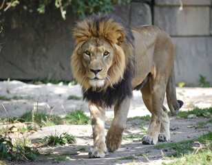 Majestic lion in a zoo enclosure