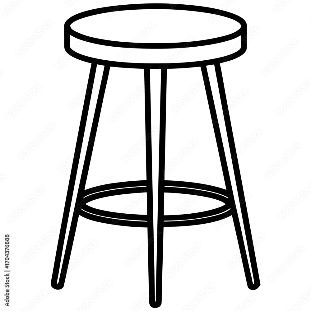 Poster simple outline drawing of a three legged stool with a circular seat and footrest isolated on white b