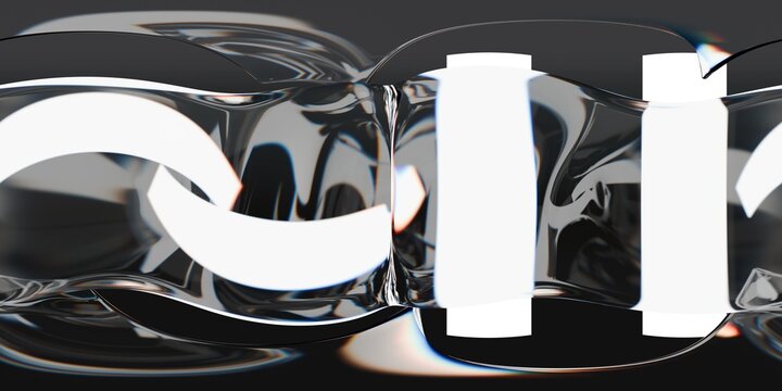 360-degree HDRI of a dark render studio with dynamic light bars and fluid chrome reflections. Ideal for CGI lighting, automotive rendering and visual effects.
