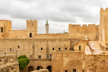 Naklejka premium Inner yards and walls of Ribat of Monastir under cloudy skies, Monastir, Monastir Governorate, Tunisia