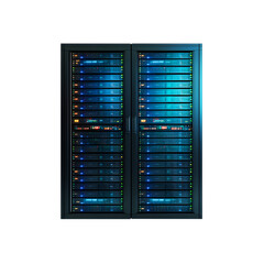 Server Rack with Blue Lights in Dark Room data center isolated on a transparent background