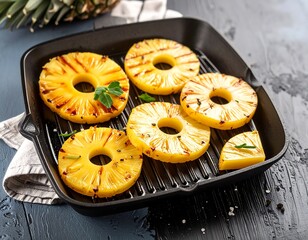 Grilled pineapple rings in a cast iron pan