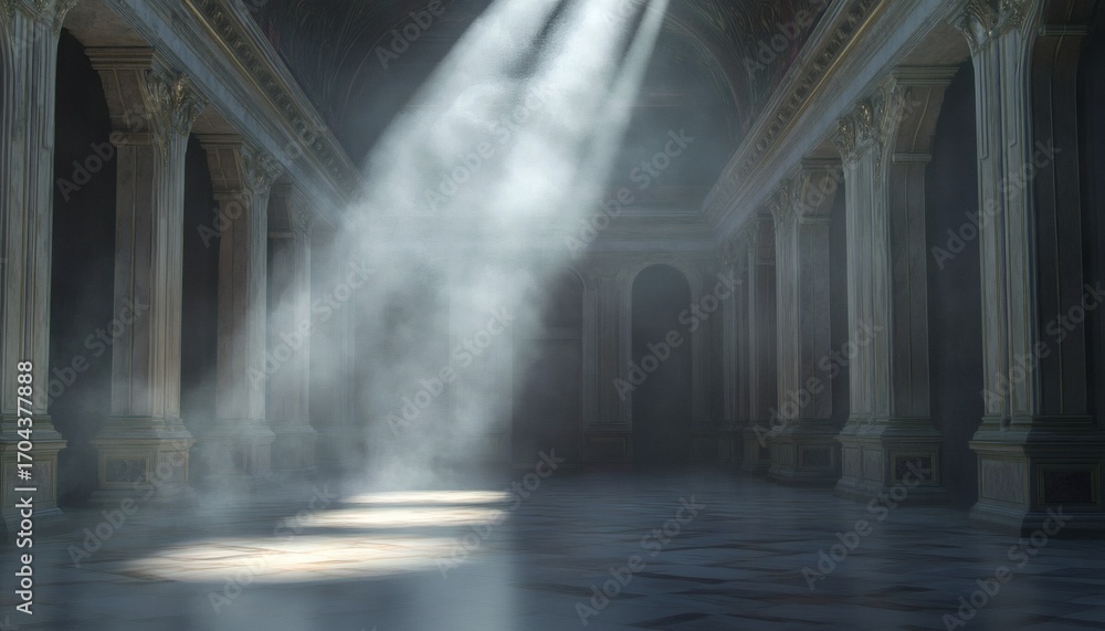 Poster the image shows a digitally created interior of a large hall featuring numerous columns, a high arch