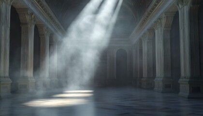 Fototapeta premium The image shows a digitally created interior of a large hall featuring numerous columns, a high arched ceiling, and sunlight streaming through unseen openings, creating atmospheric effects of light