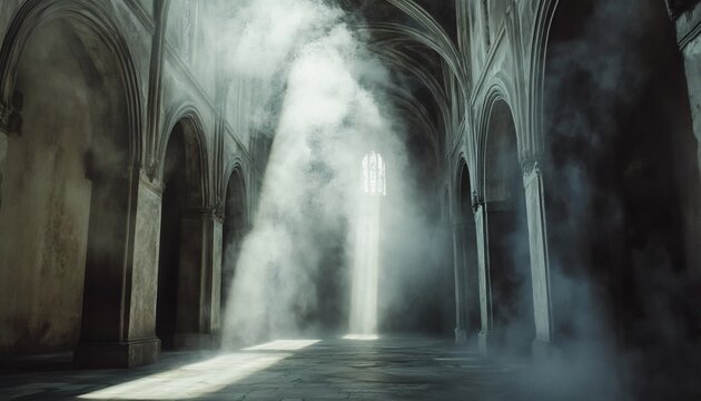 Sunlight streams through a high, arched window in a dimly lit stone hallway, illuminating dust motes suspended in the air. - Powered by Adobe