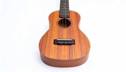 Obraz premium Wooden ukulele with visible grain, circular sound hole, black bridge, and extended fretboard, placed against a white background to highlight its design and craftsmanship.
