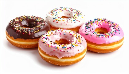 Four donuts with varied icing and toppings&mdash;pink with sprinkles, chocolate with small sprinkles, white with sprinkles, and chocolate with larger sprinkles&mdash;arranged on a white surface.