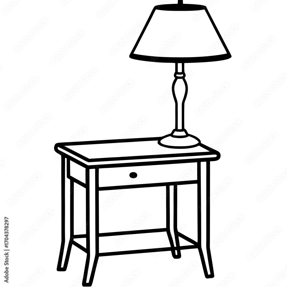 Poster a simple line drawing of a table lamp on a small end table silhouette isolated on white background
