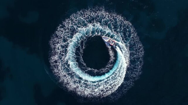 Aerial overhead view of a RIB speedboat turning circles on the water surface and driving away leaving a trail of surf and waves