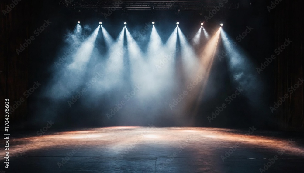 Poster an empty stage is illuminated by several spotlights, casting beams of light onto the floor through a