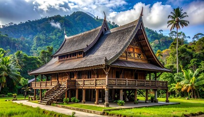 Traditional Indonesian House in Lush Landscape.
