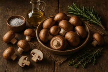 Fresh mushrooms with cooking ingredients: olive oil, herbs, and salt, rustic kitchen setup