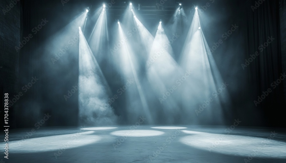 Poster the image shows multiple spotlights illuminating a dark stage with smoky atmosphere, creating a dram