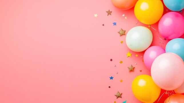 Colorful balloons and star confetti on pink background