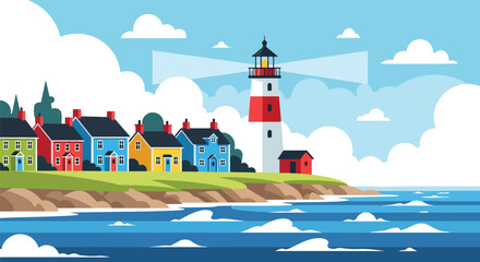 Scenic vector landscape illustration of a coastal village with colorful houses, a lighthouse, and ocean waves, symbolizing seaside charm, travel, and maritime culture