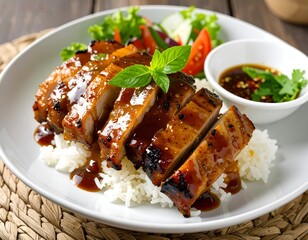 Grilled pork with rice and dipping sauce
