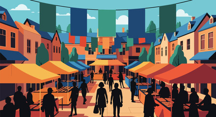 Scenic vector illustration of a lively street market with people shopping, colorful stalls, and festive banners, capturing community, culture, and the vibrant atmosphere of local commerce