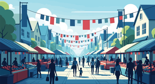 Scenic vector illustration of a lively street market with people shopping, colorful stalls, and festive banners, capturing community, culture, and the vibrant atmosphere of local commerce