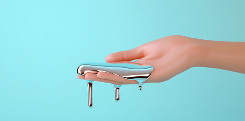 Hand Holding Liquid Metal: A study in contrasts, a stylized hand holds a stylized puddle of liquid metal. Modern art, digital design, light cyan back.