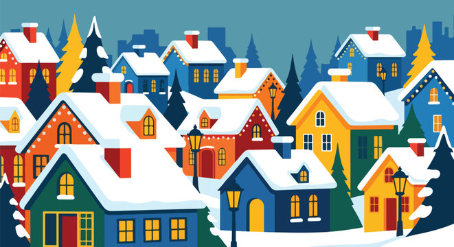 Scenic vector landscape illustration of a snowy village decorated with Christmas lights and trees, creating a festive winter holiday atmosphere filled with warmth and celebration