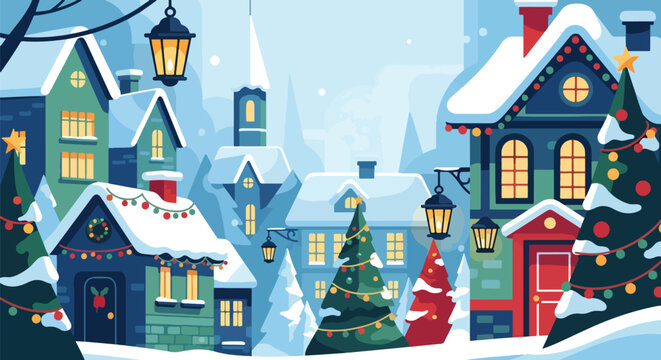 Scenic vector landscape illustration of a snowy village decorated with Christmas lights and trees, creating a festive winter holiday atmosphere filled with warmth and celebration