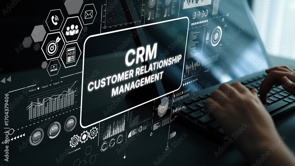 Poster hands typing on keyboard with crm dashboard visuals showing data insights and business analytics con