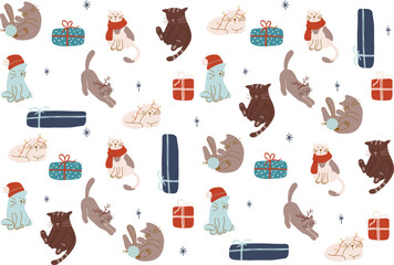 Christmas cats seamless pattern with pets, gifts, cat in winter hat, scarf, christmas garland. Vector holiday pattern for print, wrapping paper, textile, nursery decor,