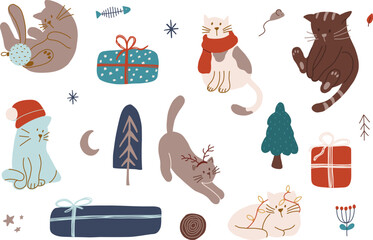 Christmas cats seamless pattern with pets, gifts, cat in winter hat, scarf, christmas garland. Vector holiday pattern for print, wrapping paper, textile, nursery decor,