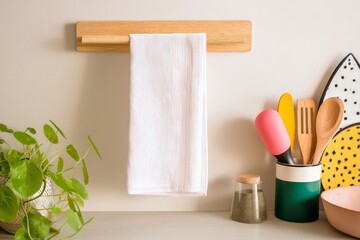 Naklejka premium Minimalist kitchen scene with white towel and cooking utensils display. Design mockup