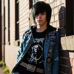 Urban emo style youth leaning on a wall conveys identity introspection and rebellion of modern youth